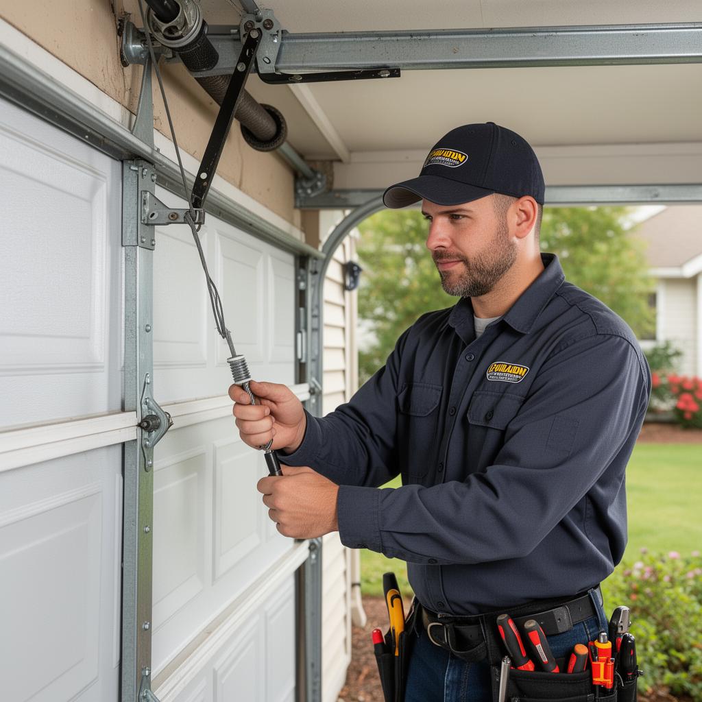 Professional garage door technician replacing cable
